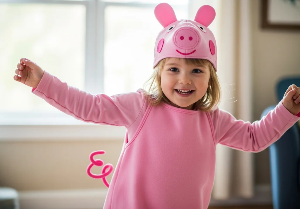 Uśmiechnięta dziewczynka w różowym stroju Świnki Peppy z czapką i ogonkiem, z rozłożonymi rękami.