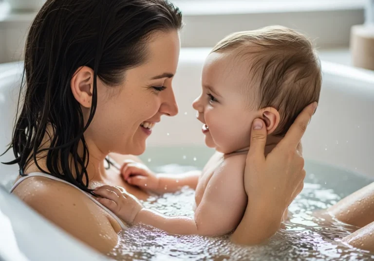 Mama z niemowlęciem w wannie, śmieją się do siebie, budując intymną więź podczas wspólnej kąpieli.