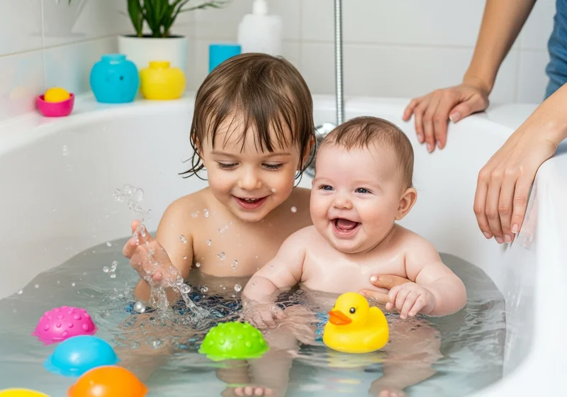 Rozbawione rodzeństwo kąpie się w wannie z zabawkami, starsze dziecko pluska wodą, maluch śmieje się głośno, ręce dorosłego.