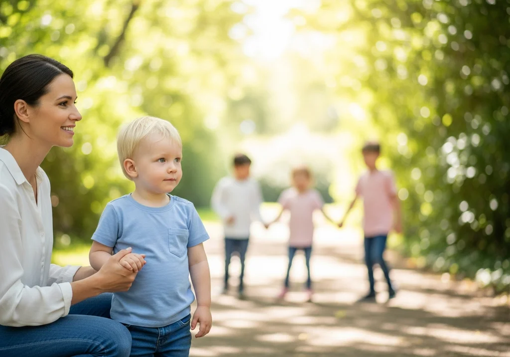 Matka z uśmiechem trzyma za rękę małe dziecko na ścieżce, w tle bawiące się dzieci na słońcu.