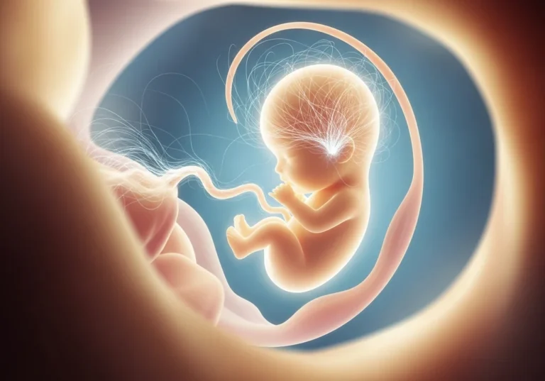 Ilustracja płodu w łonie matki, skupiona na jego rozwoju wewnątrzmacicznym.
