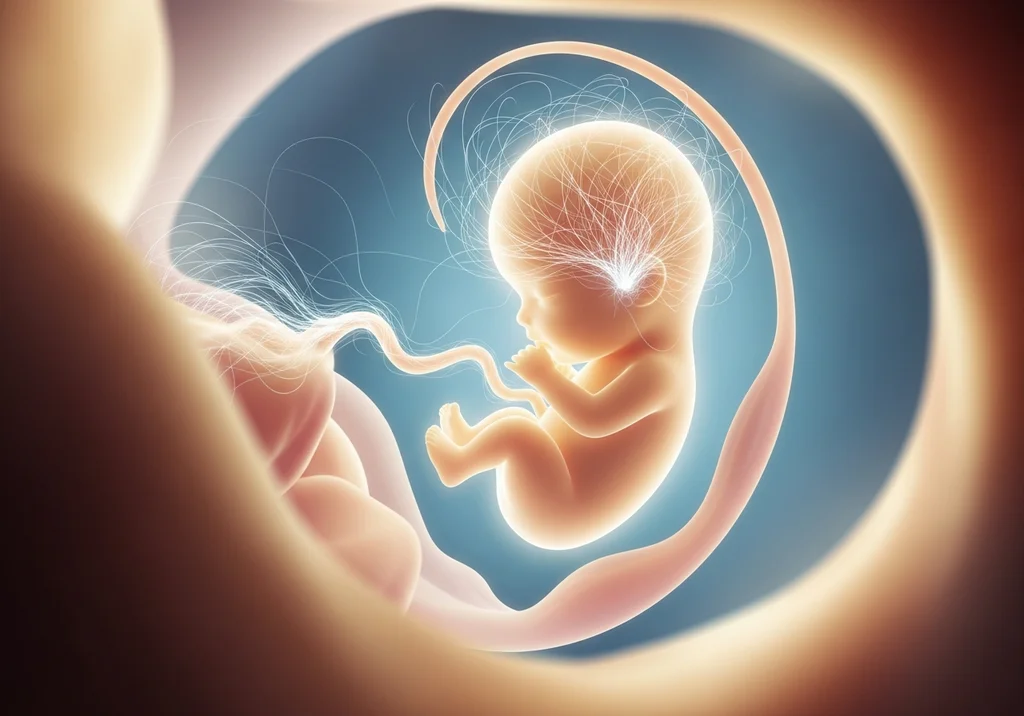 Ilustracja płodu w łonie matki, skupiona na jego rozwoju wewnątrzmacicznym.