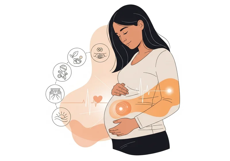 Ciężarna kobieta otoczona ikonami symbolizującymi zdrowie i opiekę nad dzieckiem.