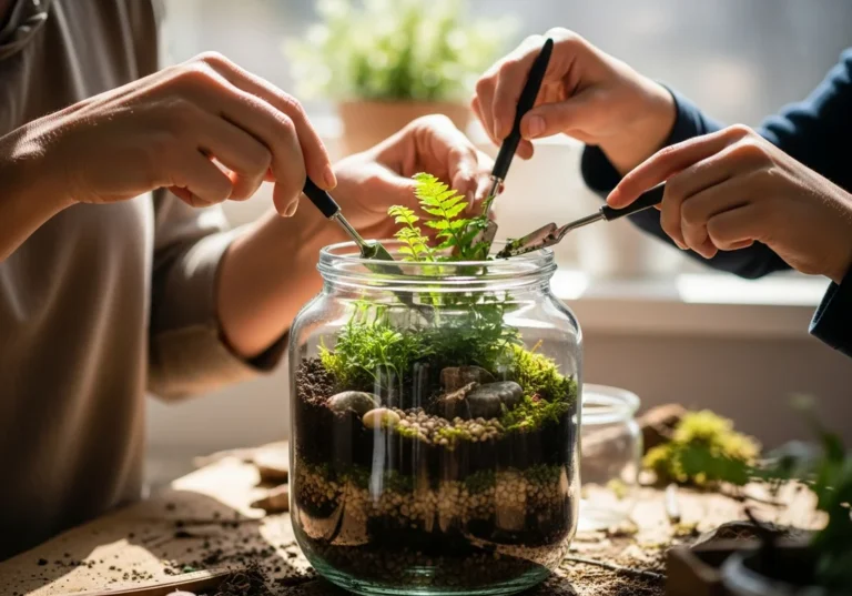 Dłonie dorosłego i dziecka sadzą rośliny w lesie w słoiku przy użyciu miniaturowych narzędzi.