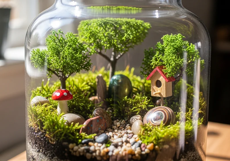 Magiczny las w słoju z miniaturowymi drzewami, mchem, czerwonym grzybem, ptasią budką i ścieżką z kamyków.