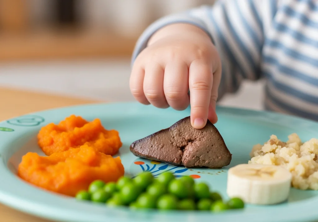 Dziecięca dłoń sięga po wątróbkę na talerzu z pomarańczowym puree, groszkiem, rozgniecionymi ziemniakami i bananem.