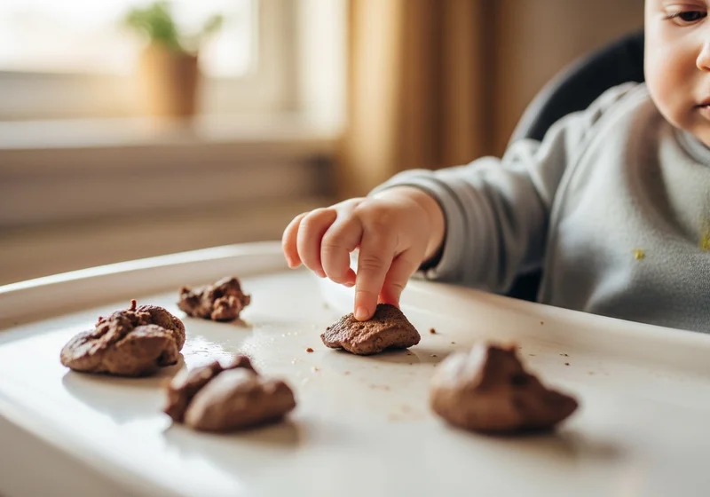 Maluszek w krzesełku odkrywa palcami kawałki ciemnego jedzenia na tacy, ubranie z plamami po próbach.