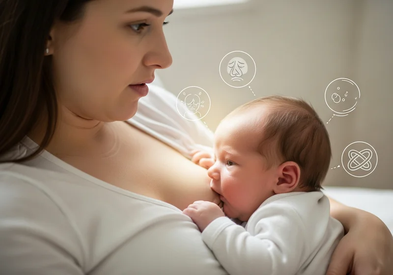 Matka z niemowlakiem przy piersi, otoczeni ikonami symbolizującymi zmartwienia i problemy z karmieniem.