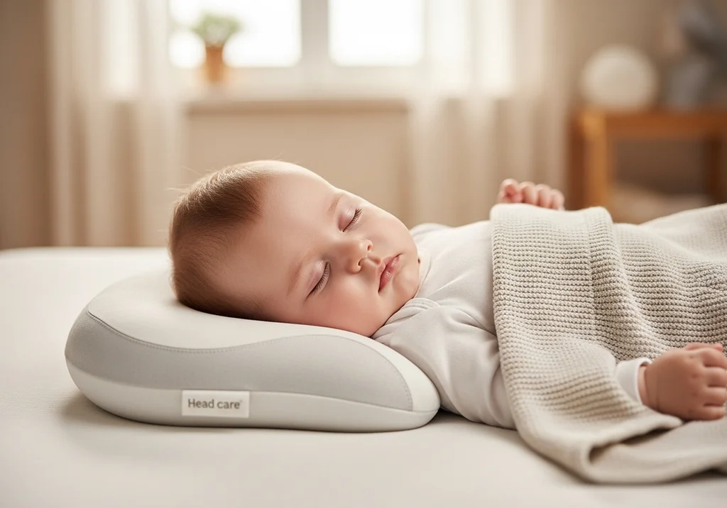 Dziecko śpiące na plecach na poduszce "Head care", zapewniającej prawidłowe ułożenie główki i zdrowy sen.