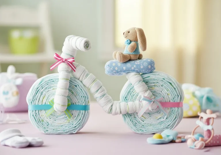 Uroczy rowerek z pampersów z pluszowym króliczkiem na siedzeniu.