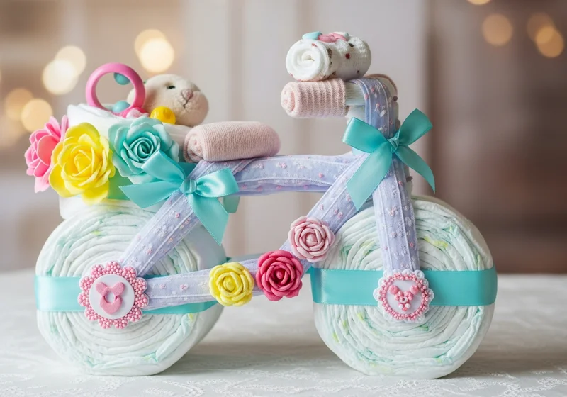 Udekorowany rowerek z pampersów z różami, wstążkami i zabawkami.