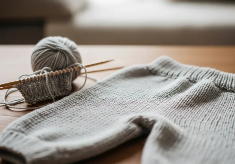 Szare spodenki dla niemowlaka robione na drutach, włóczka i druty na drewnianym stole.