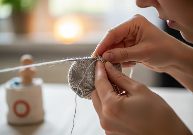 Zbliżenie na dłonie osoby dziergającej na drutach małe, szare spodenki niemowlęce.