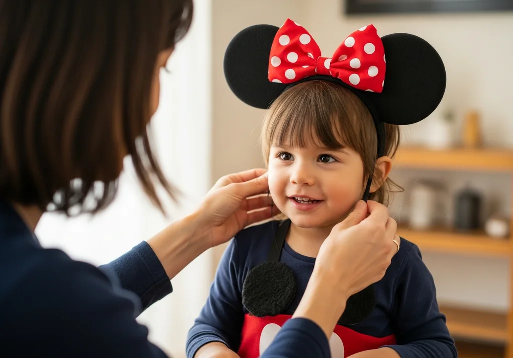Uśmiechnięte dziecko w opasce z uszami Myszki Minnie, rodzic pomaga ją założyć.
