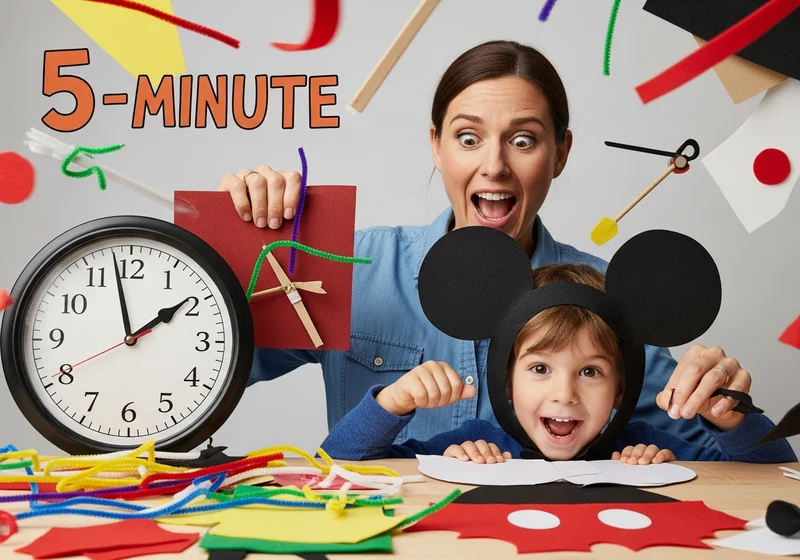 Excited mother and child making a 5-minute Mickey Mouse costume.