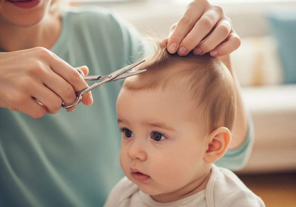 Mama ostrożnie strzyże włosy niemowlaka małymi nożyczkami.