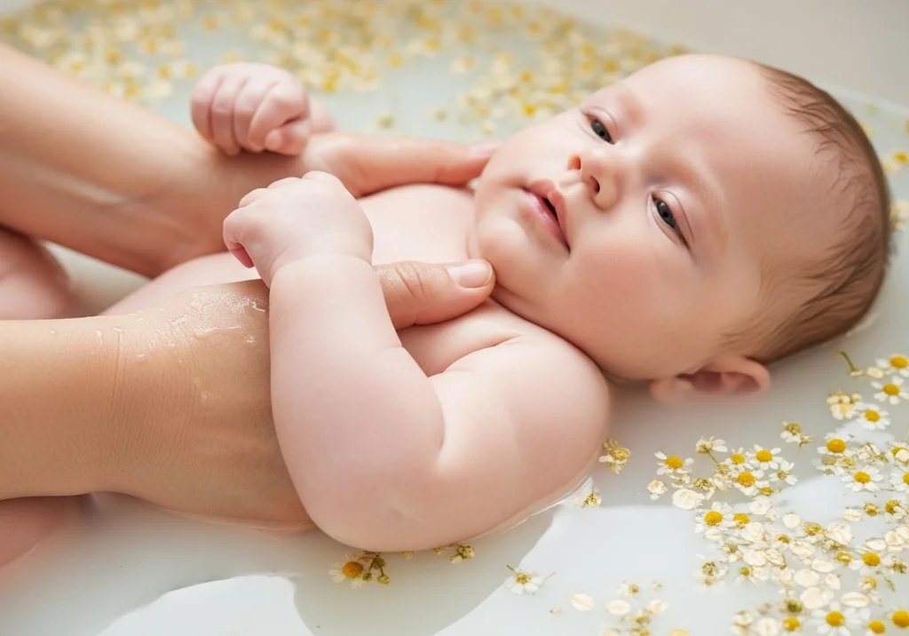 Niemowlę kąpane w wodzie z rumiankiem i płatkami owsianymi, delikatnie podtrzymywane przez dłonie rodzica.