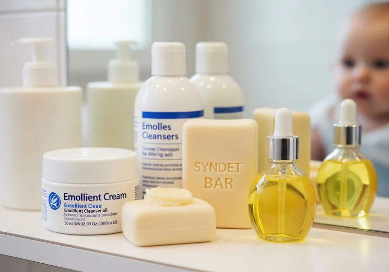 Kosmetyki dla dzieci z alergią: emolienty (krem, płyn), kostka syndet i olejki do kąpieli. W tle niemowlę.