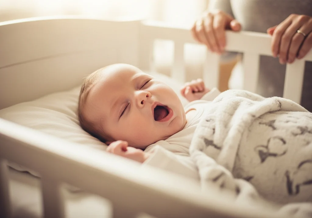 Śpiące niemowlę ziewające w białym łóżeczku, z rękami rodzica w tle.