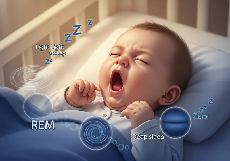 Ziewające niemowlę w łóżeczku, otoczone grafiką przedstawiającą fazy snu: płytki, REM, głęboki.