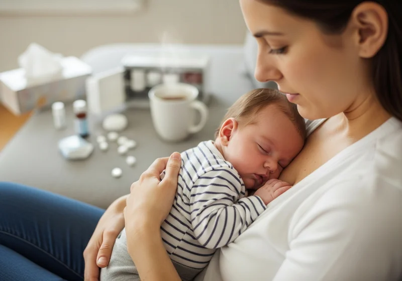 Kobieta tuli śpiącego noworodka, na stole w tle widać leki i chusteczki.