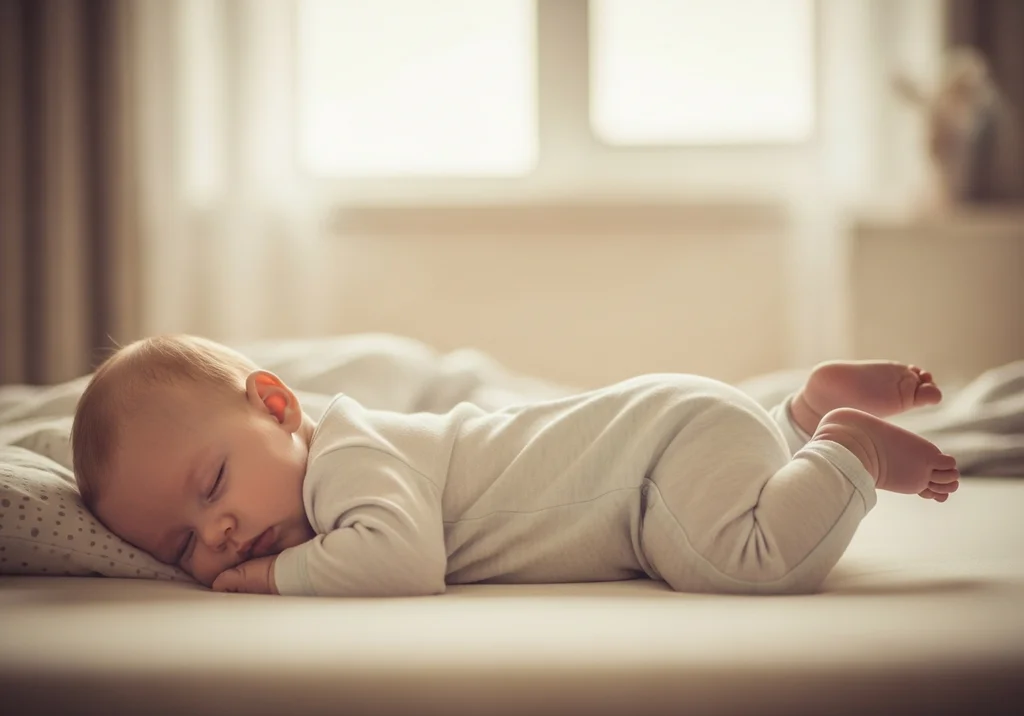 Niemowlę śpi na brzuchu z podniesioną pupą, z nogami zgiętymi.