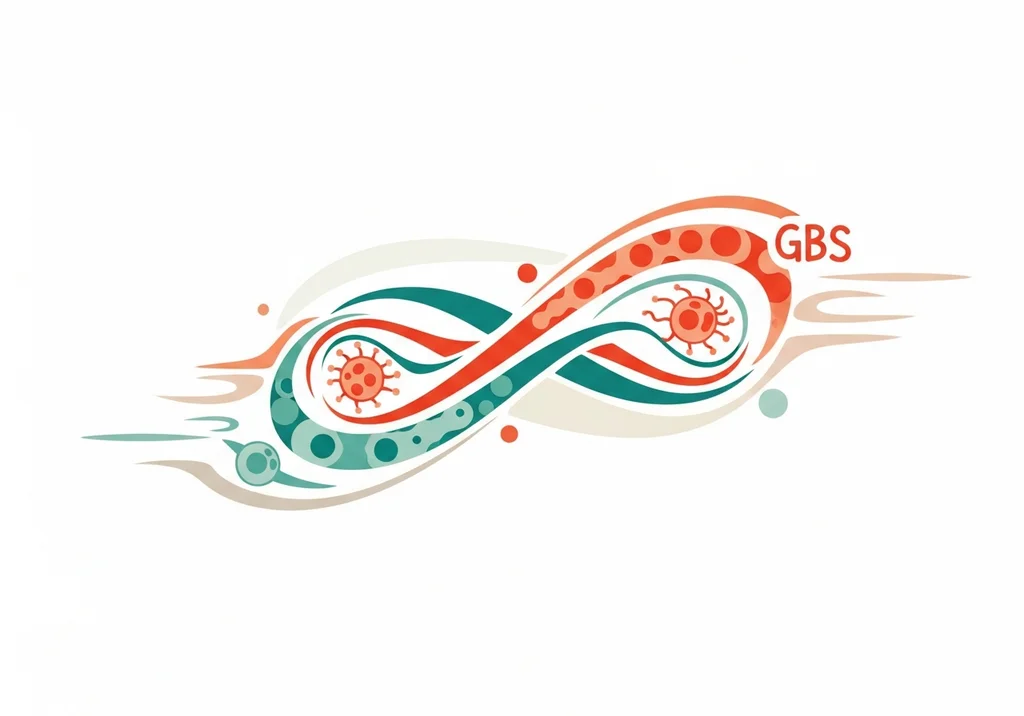 Grafika symbolizująca GBS z ogniwami wirusów i falistymi liniami, słowo "GBS".