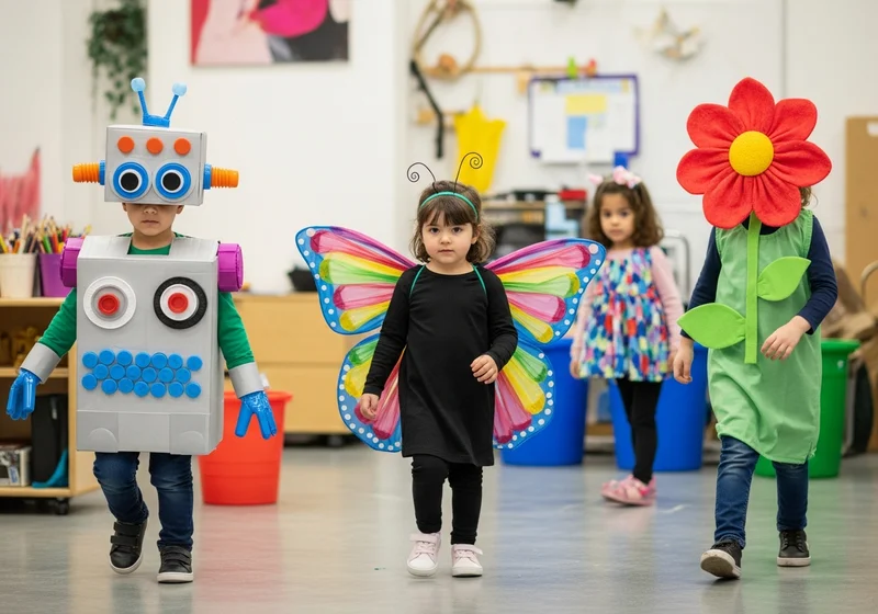Dzieci w strojach z kartonu, nakrętek i tkanin idą przez przedszkole: chłopiec-robot, dziewczynka-motyl i dziecko-kwiat.
