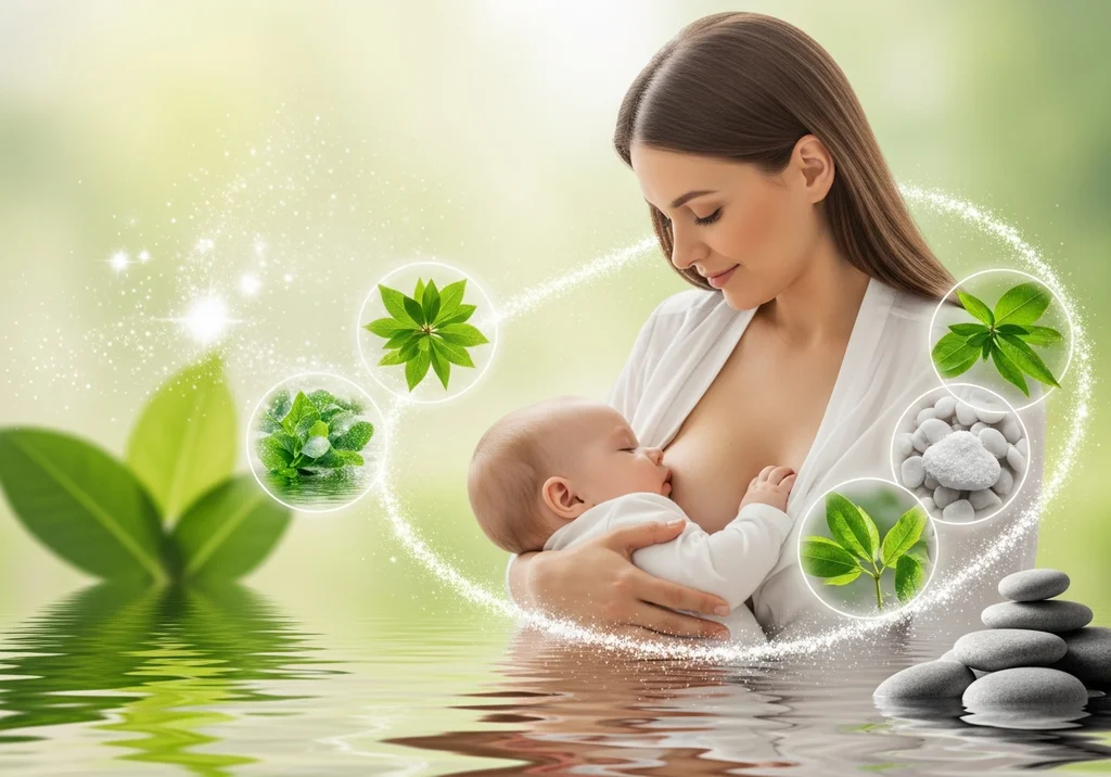 Mama karmi piersią dziecko, otoczeni zielenią i symbolami natury.