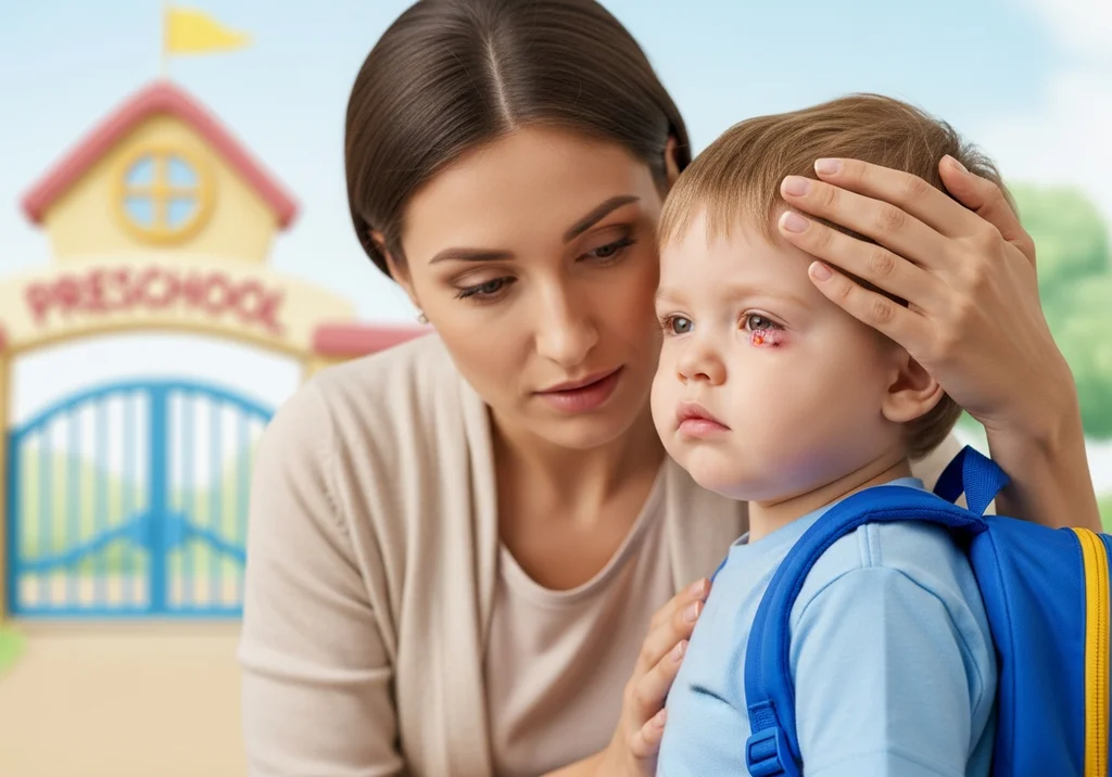 Mama z troską patrzy na dziecko z jęczmieniem na oku przed przedszkolem.