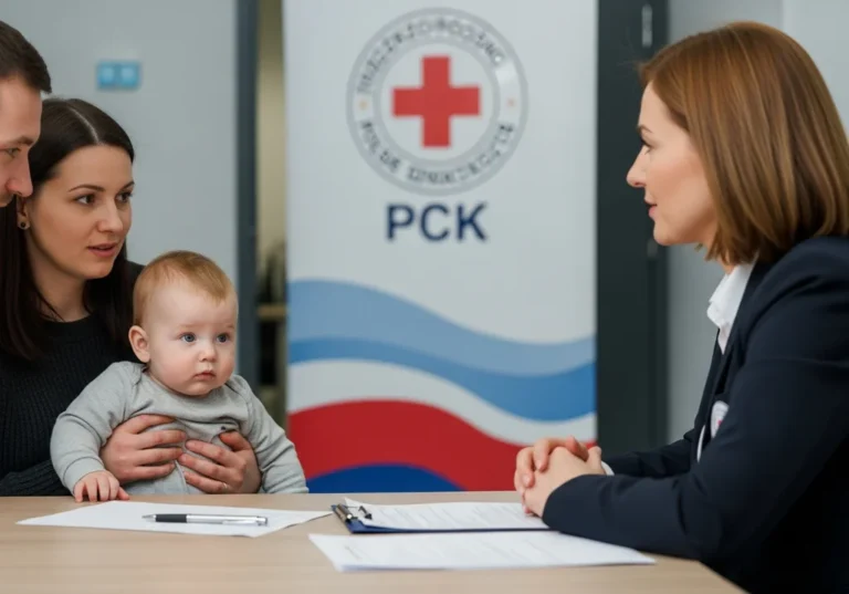Rodzice z niemowlęciem podczas spotkania z przedstawicielką PCK w sprawie wniosku o opiekunkę dla dziecka.
