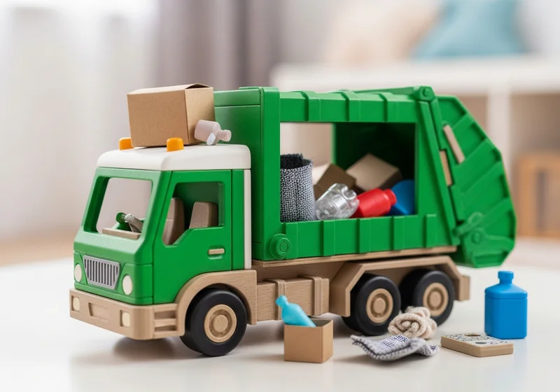 Zabawkowa zielona śmieciarka z załadunkiem w środku oraz miniaturowymi przedmiotami na podłożu.
