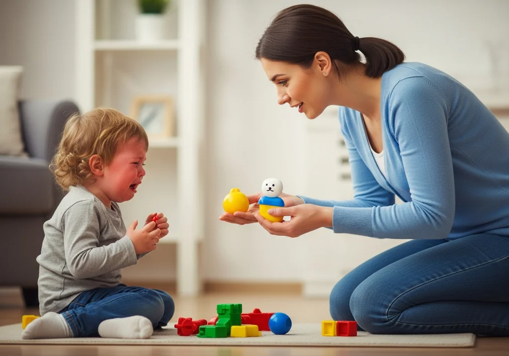 Spokojna mama próbuje wyciszyć płaczące dziecko, pokazując mu zabawki jako formę ko-regulacji emocji podczas buntu.