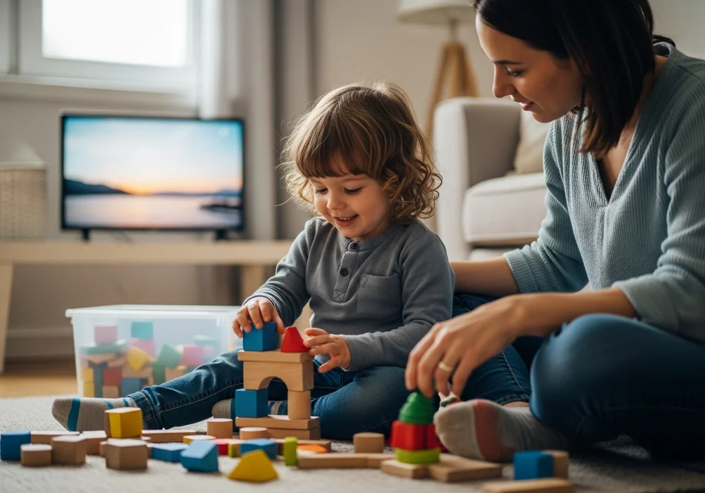 Mama bawi się z dzieckiem klockami na dywanie, podczas gdy w tle widać włączony telewizor.