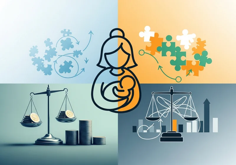 Ikona matki z dzieckiem otoczona grafikami puzzli, wag szalkowych z pieniędzmi oraz wykresów symbolizujących finanse i pracę.