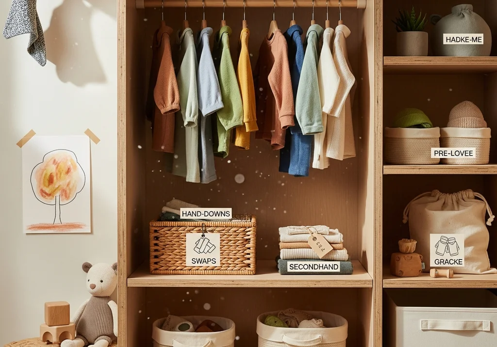 Szafa dziecięca z posegregowaną odzieżą z drugiej ręki, z oznaczeniami do wymiany ubrań w duchu zero waste.