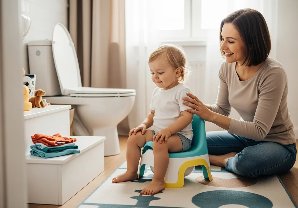 Uśmiechnięta mama wspiera małe dziecko siedzące na kolorowym nocniku w łazience podczas nauki korzystania z toalety.