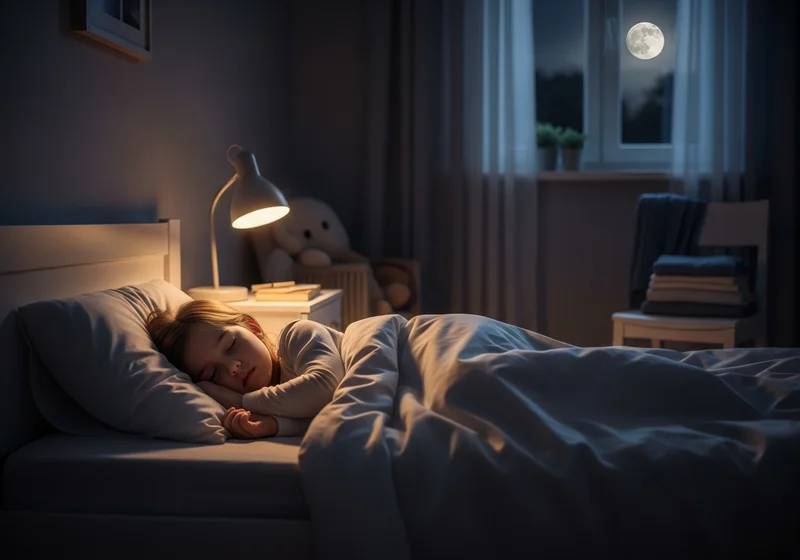 Dziecko spokojnie śpiące w łóżku przy świetle nocnej lampki, przy oknie z widocznym księżycem, co sprzyja regeneracji.