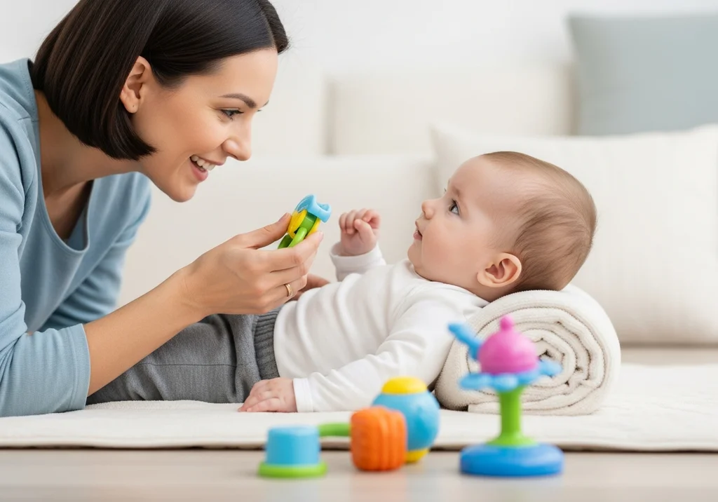 Uśmiechnięta mama pokazuje kolorową zabawkę niemowlęciu leżącemu na brzuchu z podparciem z miękkiego wałka.
