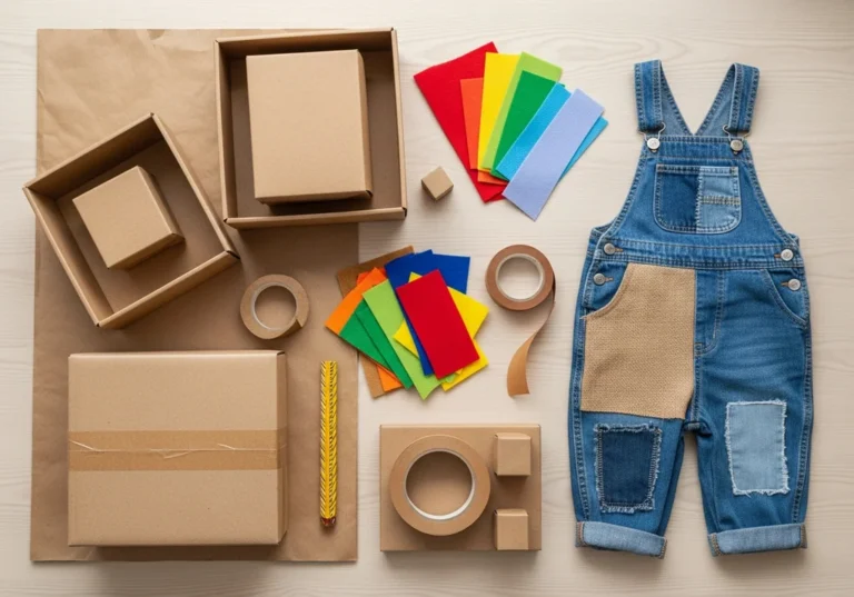 Materiały do stroju zero waste: kartony, szary papier, kolorowy filc, taśma klejąca i jeansowe ogrodniczki.
