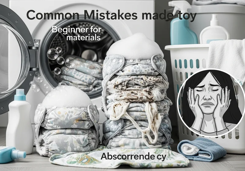 Stos pieluch wielorazowych przed pralką z bąbelkami mydlanymi i ilustracja załamanej kobiety w kółku.