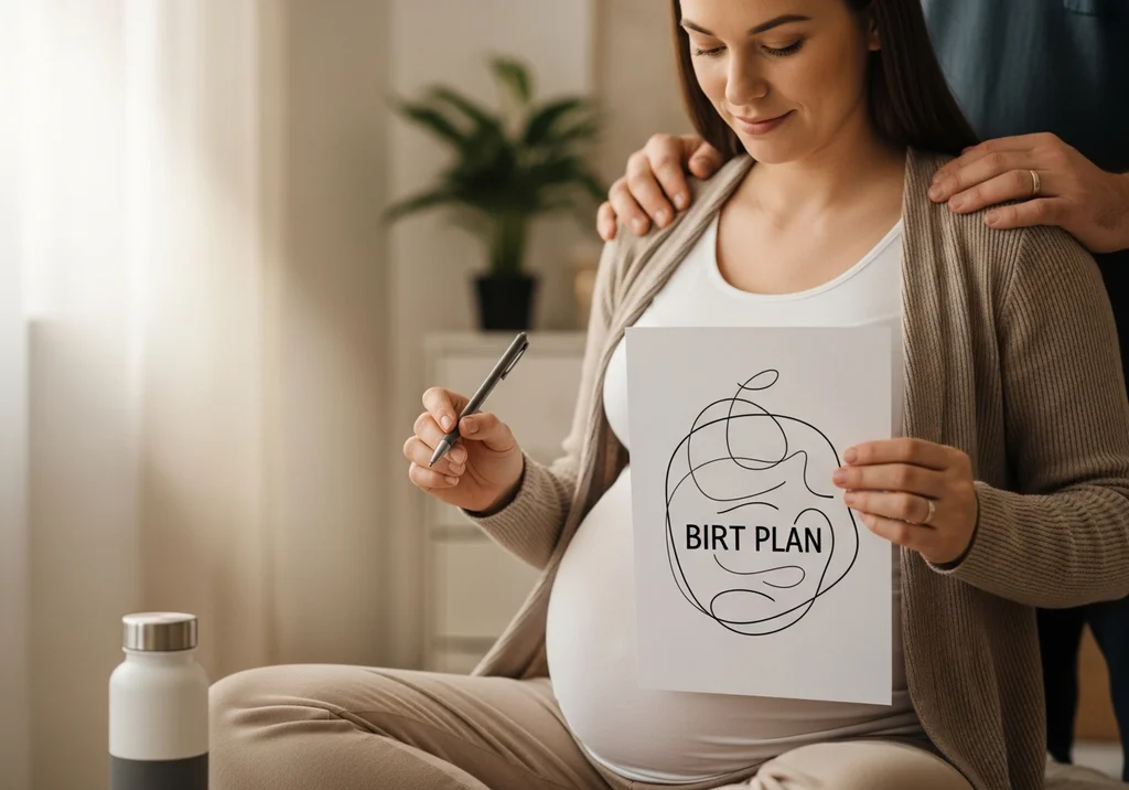 Kobieta w ciąży trzyma kartkę z napisem „BIRT PLAN” wpisanym w chaotyczną linię, obok wspierający ją partner.