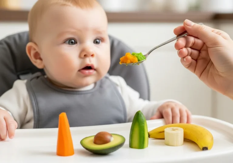 Niemowlę w foteliku patrzy na łyżeczkę z papką; przed nim na tacce kawałki marchewki, awokado i banana.