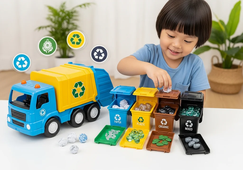 Dziecko uczy się segregacji odpadów, wkładając miniaturowe śmieci do kolorowych koszy na papier, plastik, bio i odpady zmieszane.