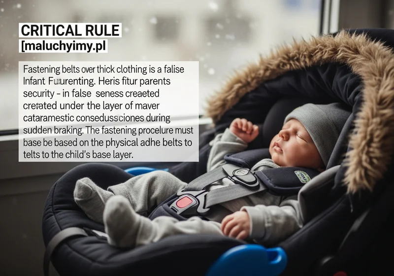 Noworodek w foteliku samochodowym z pasami zapiętymi bezpośrednio na cienkiej warstwie ubrania, bez grubej kurtki.