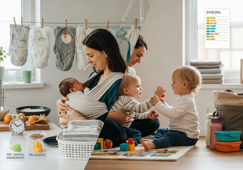 Mama z noworodkiem w chuście oraz dwojgiem bawiących się dzieci na podłodze, ilustrująca synchronizację domowych obowiązków.