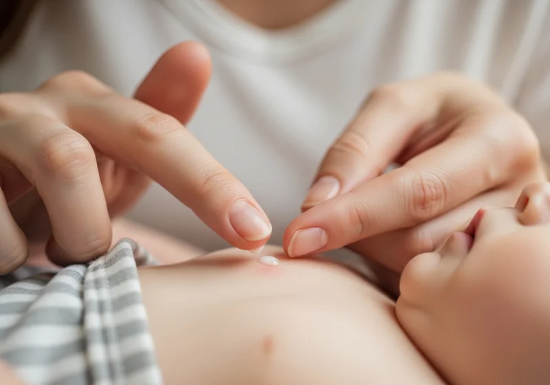 Dłoń rodzica delikatnie nakłada kroplę mleka na niewielkie zaczerwienienie na skórze brzucha niemowlęcia.