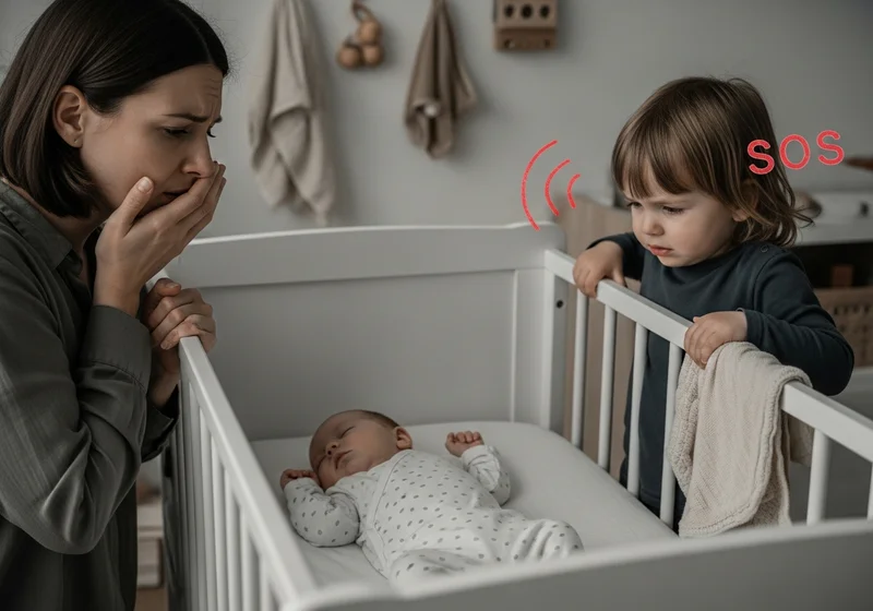 Zatroskana matka patrzy na starsze dziecko, które z napisem „SOS” przy kołysce z niemowlęciem daje sygnał przeciążenia.