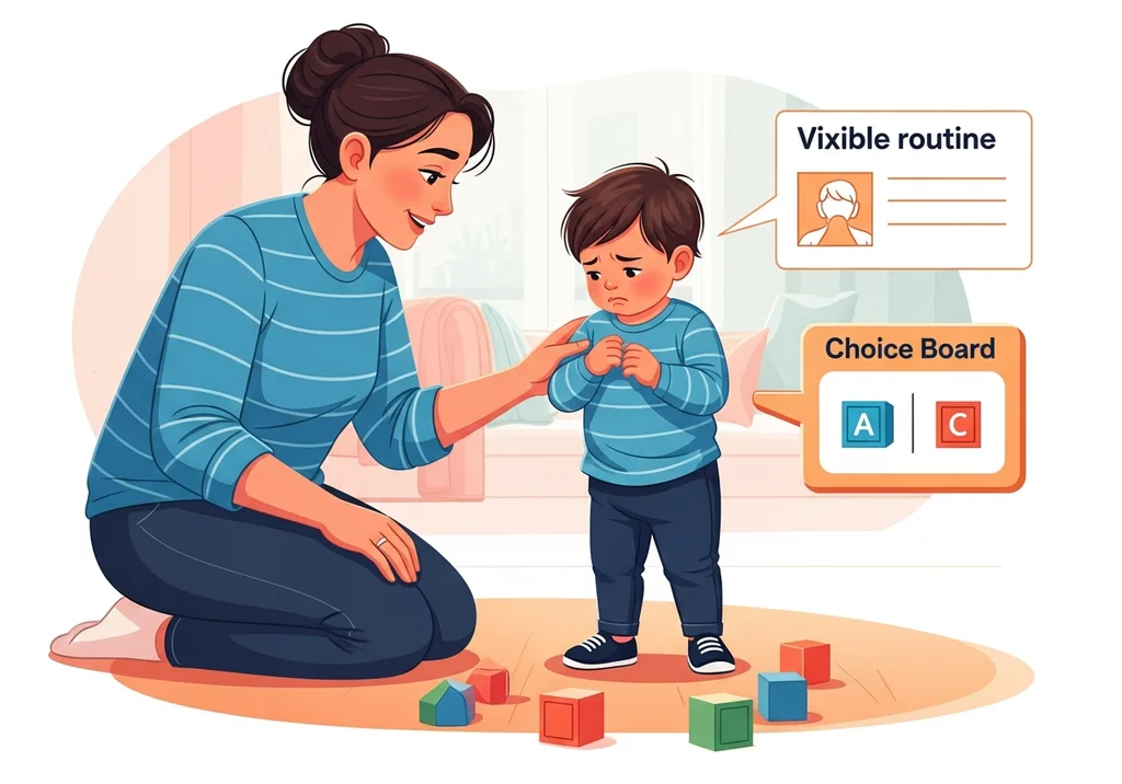 Kobieta klęcząca przed płaczącym dzieckiem. Obok infografiki: „Vixible routine” z ikoną twarzy oraz „Choice Board” z literami A i C.