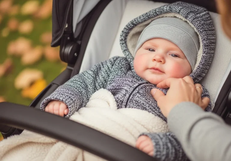 Niemowlę w wózku ubrane w dzianinowy sweter z kapturem i czapkę, przykryte kocykiem, podczas jesiennego spaceru.